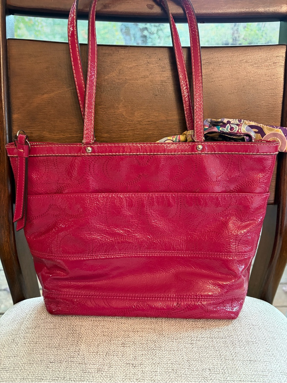 Coach Patent Leather Tote in Raspberry Pink with Scarf Accent - Picture 2 of 4